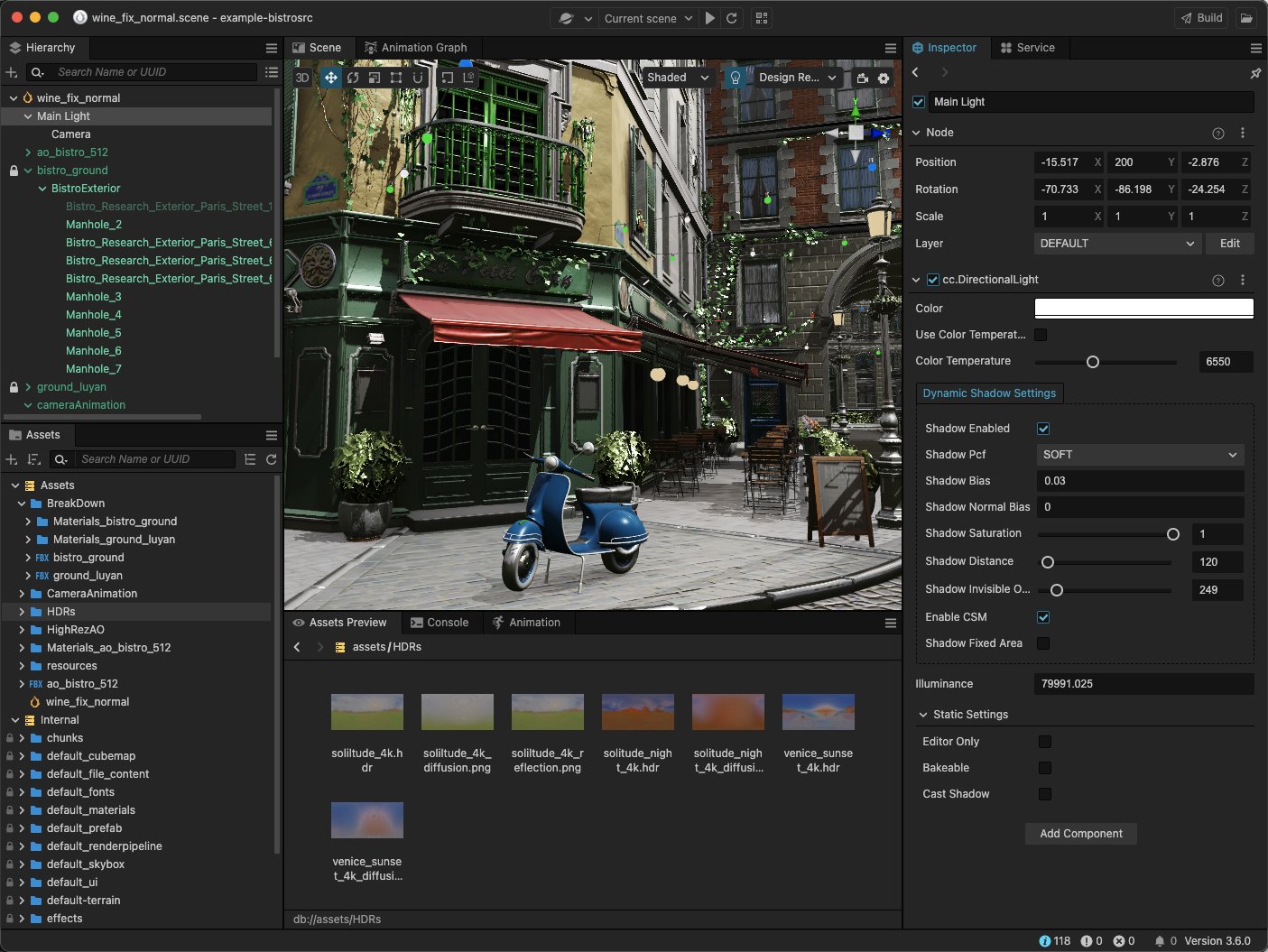 Cocos Creatorのエディタ画面。3Dビストロシーンのリアルタイムレンダリング、ヒエラルキー、アセットブラウザ、インスペクターが表示されている