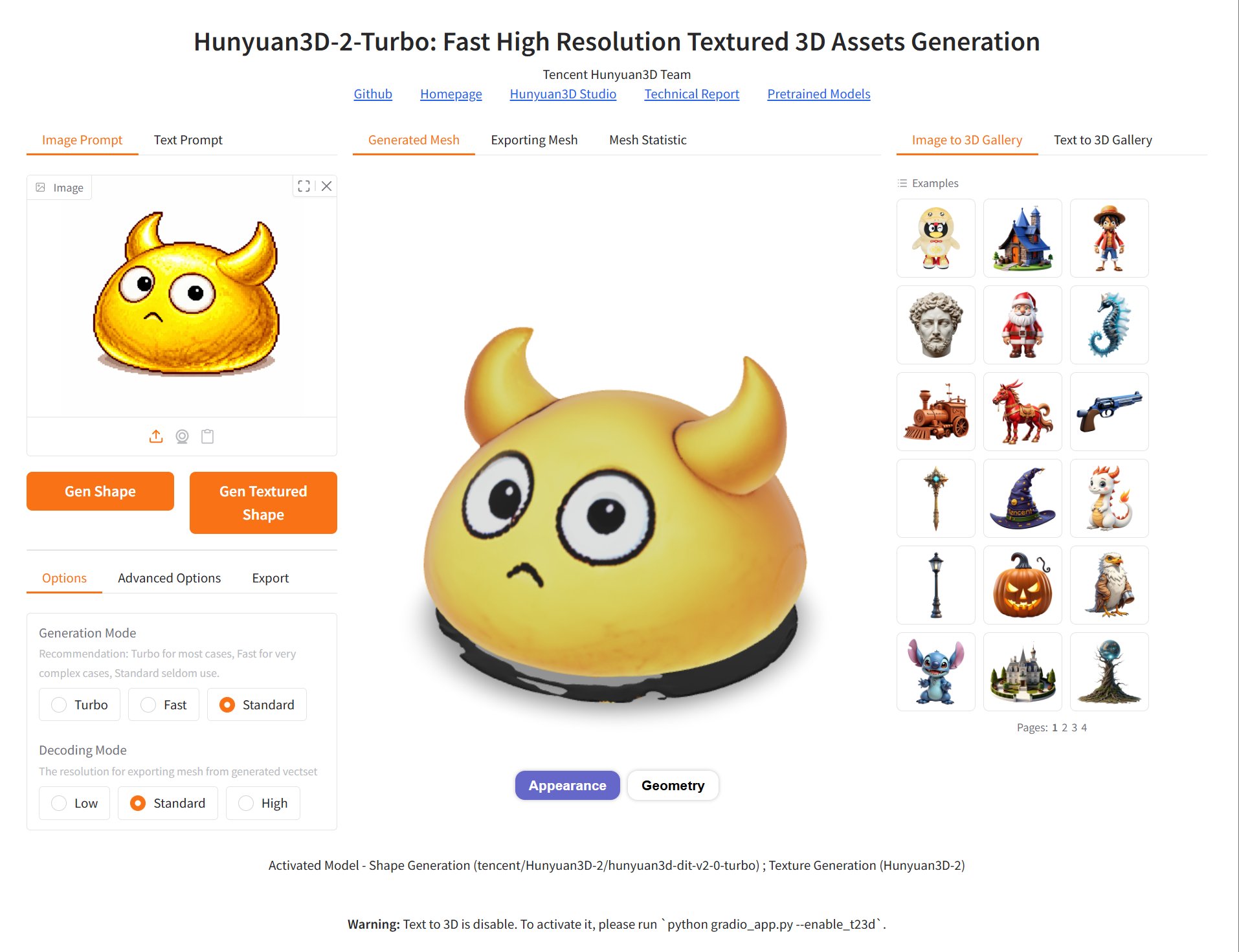 シングルビューで生成された黄色キャラの3Dモデル